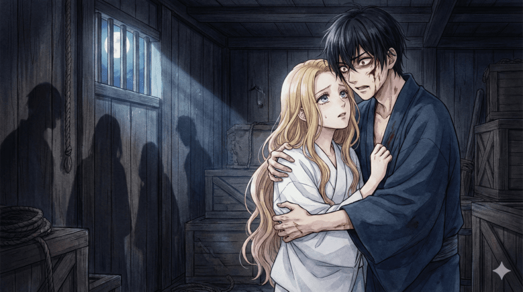 狂気に満ちた独占欲で紗都子を抱きしめる進平のイラスト。第5巻の二人の関係の危機と、迫りくる新たな脅威が描かれている。