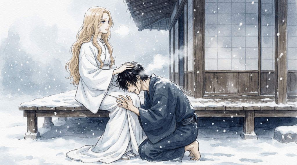 雪が降る中、紗都子に跪き、崇拝するように縋り付く進平のイラスト。第7巻の深まる執着と、愛の証としての紗都子の覚悟が描かれている。