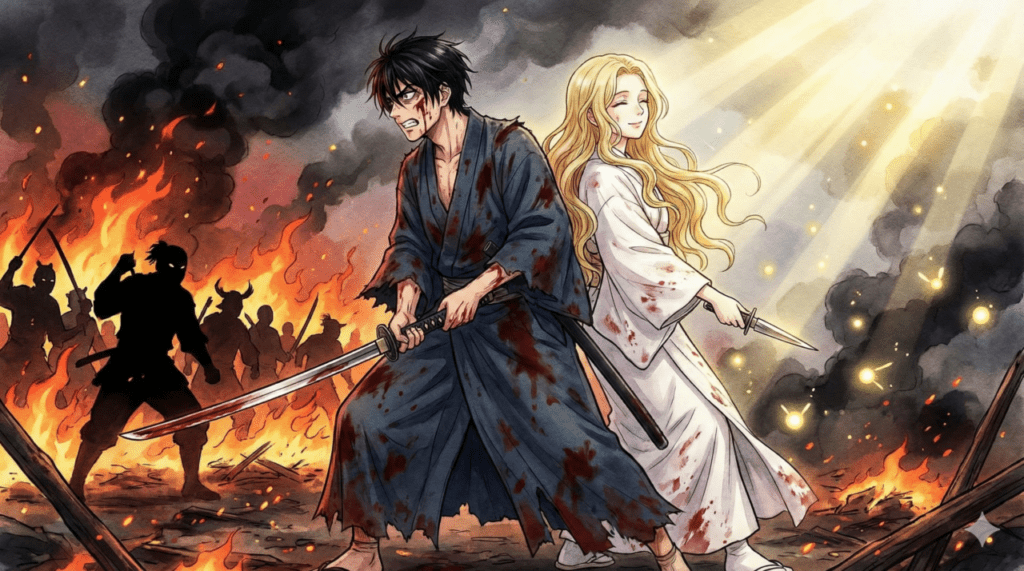 燃え盛る帝都の決戦場で、背中合わせに武器を構える進平と紗都子のイラスト。第10巻の究極の愛と、「天国か地獄か」の運命の分岐点が描かれている。