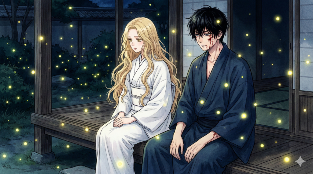 ホタルが舞う夜の縁側で、静かに並んで座る桐ヶ谷紗都子と後藤進平のイラスト。『ホタルの嫁入り』の美しくも切ない世界観を表現。