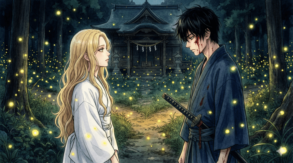 暗い森の神社で、無数のホタルの光に包まれながら佇む進平と紗都子のイラスト。物語の深い考察と、二人の行く末にある運命の分岐点を象徴している。