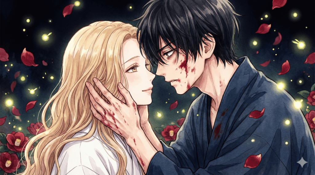 進平の狂気と紗都子の慈愛が交錯する至近距離のポートレート。ファンの間で語られる『ホタルの嫁入り』の圧倒的な中毒性と純愛の深さを表現。