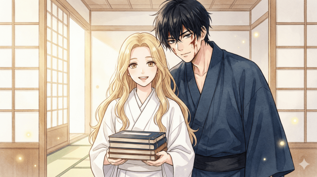 和綴じ本を抱えて微笑む紗都子と、彼女に寄り添う進平。第10巻の情報やお得な読み方を案内するFAQセクションにふさわしい、穏やかで安心感のあるイラスト。