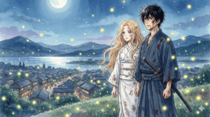 明治時代の町並みを見下ろす丘の上で、無数のホタルに囲まれて佇む桐ヶ谷紗都子と後藤進平の幻想的なメインビジュアル用イラスト。