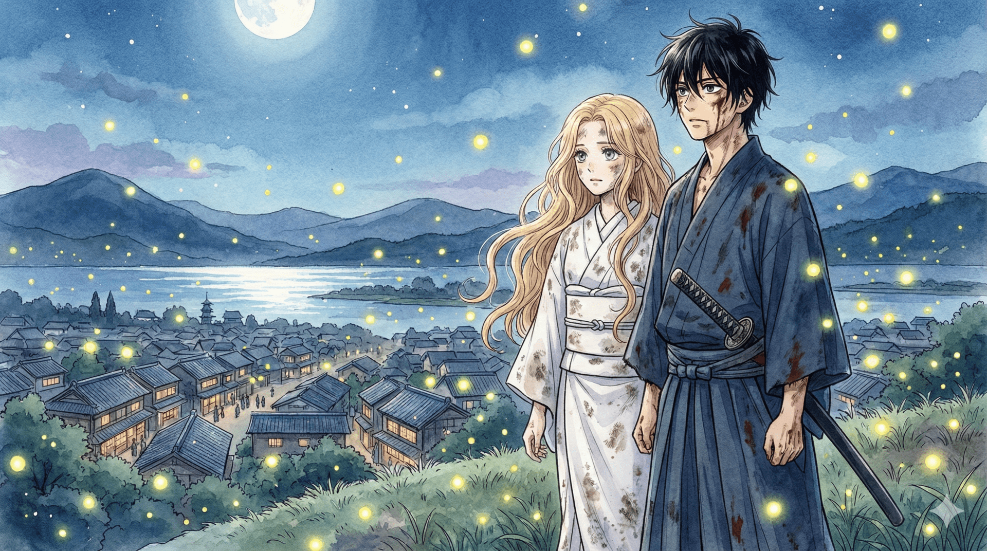 明治時代の町並みを見下ろす丘の上で、無数のホタルに囲まれて佇む桐ヶ谷紗都子と後藤進平の幻想的なメインビジュアル用イラスト。