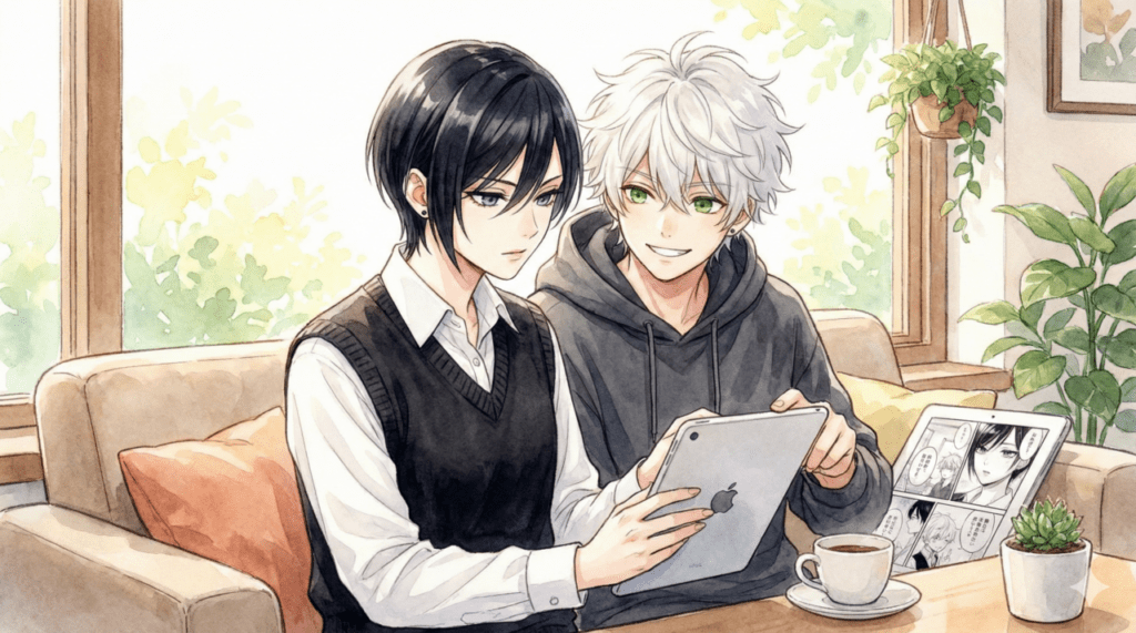 BookLiveで漫画『うるわしの宵の月』をタブレットで読む、黒髪の宵と白髪の市村先輩。窓辺のソファでリラックスした雰囲気。電子書籍のお得な読み方を紹介する記事のアイキャッチ画像。