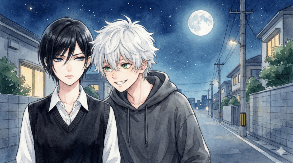 月明かりの下、夜の道を並んで歩く宵と市村先輩。『うるわしの宵の月』全巻あらすじ解説記事のための、二人の心の距離を感じさせる幻想的なアイキャッチ画像。