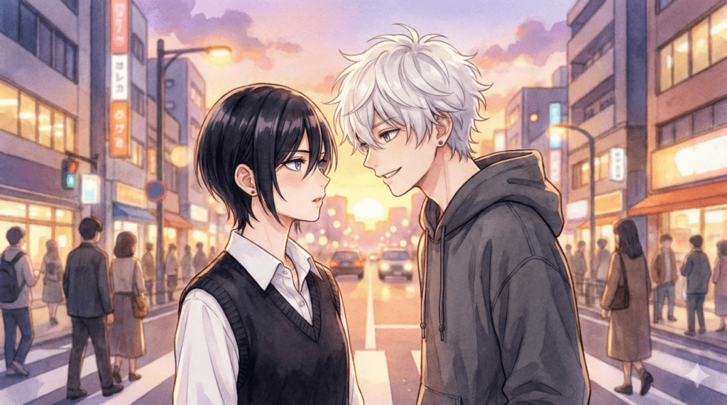 夕暮れの街角で、市村先輩が宵の顔を覗き込む運命的な出会いのシーン。二人の「王子」が初めて心を通わせ始める瞬間を描いた、『うるわしの宵の月』1巻解説用のアイキャッチ画像。