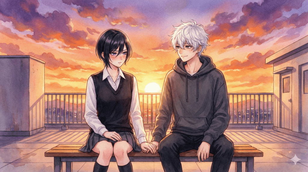 夕暮れの学校の屋上で、互いの距離感に戸惑いながらも意識し合う宵と市村先輩。『うるわしの宵の月』2巻「お試しで付き合う」展開の、高鳴る鼓動が聞こえてきそうなアイキャッチ画像。