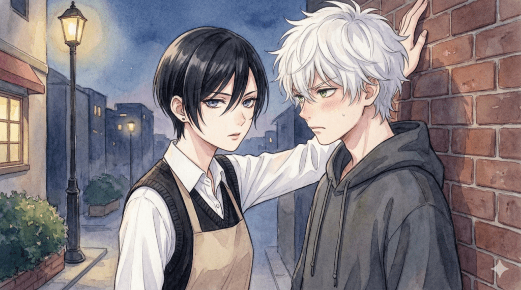 バイト先の裏口で、エプロン姿の宵に詰め寄る焦った様子の市村先輩。『うるわしの宵の月』3巻、ライバル登場による先輩の独占欲と波乱の予感を表現したアイキャッチ画像。