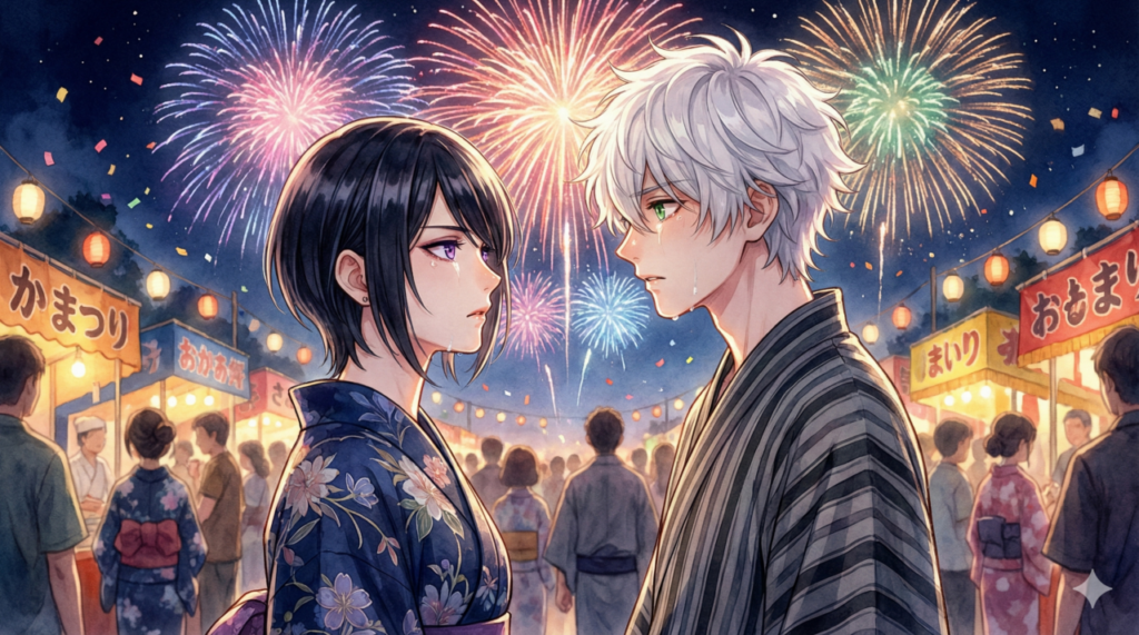 夏祭りの花火の下、浴衣姿で向き合う宵と市村先輩。『うるわしの宵の月』4巻、すれ違いの末に本当の気持ちを伝え合う、感動的なクライマックスシーンのアイキャッチ。