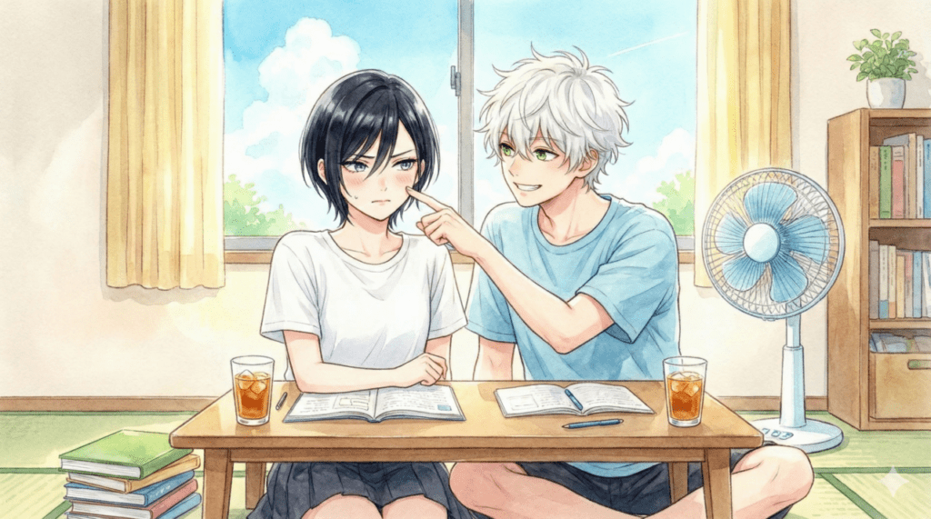 夏休みの部屋で、勉強中の宵にちょっかいを出す市村先輩。『うるわしの宵の月』5巻、正式な恋人となった二人の初々しく幸せな日常を描いたアイキャッチ画像。