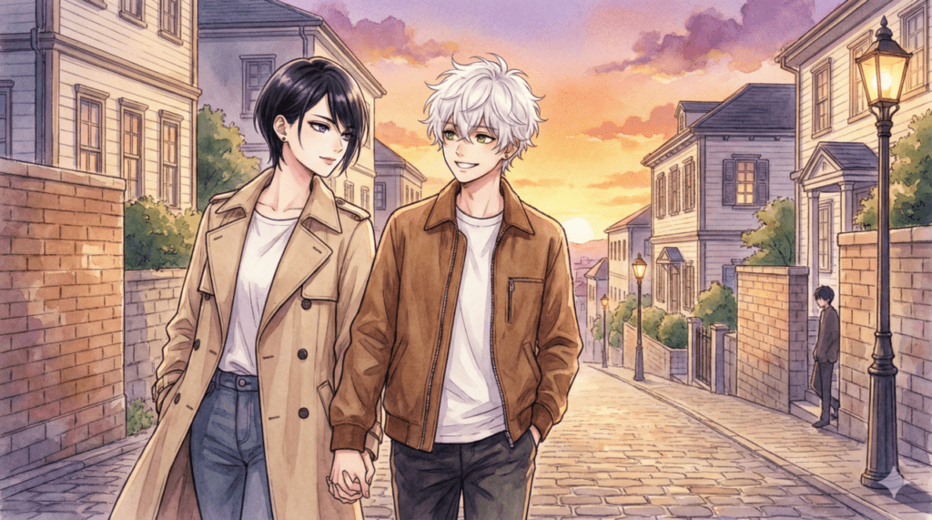 夕暮れの神戸異人館街を楽しそうに歩く宵と市村先輩。その様子を遠くから見つめる大路くんの影。『うるわしの宵の月』6巻、旅行での絆と新たな波乱を予感させるアイキャッチ画像。