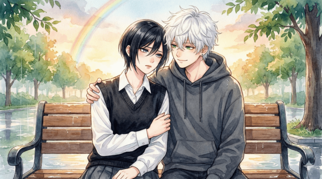 雨上がりの公園で、喧嘩の後に寄り添う宵と市村先輩。泣きはらした宵の肩を抱く先輩と、空にかかる虹。『うるわしの宵の月』7巻、試練を乗り越え絆が深まる「雨降って地固まる」アイキャッチ画像。