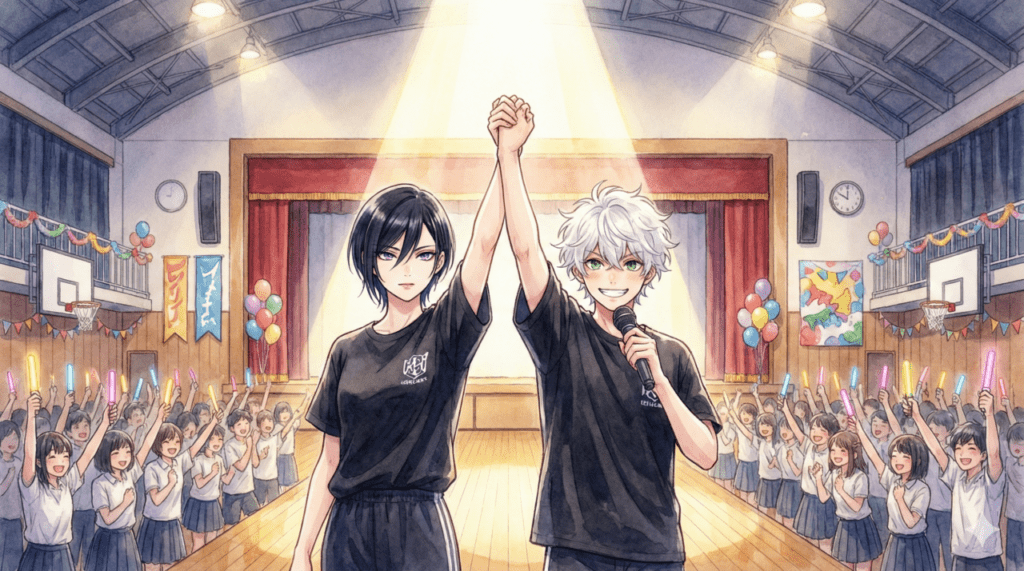 文化祭のステージ上で、スポットライトを浴びながら手を繋ぎ、全校生徒の前で交際宣言をする宵と市村先輩。『うるわしの宵の月』8巻、公認カップルとなり新たなステージへ進む二人の、祝福と感動に満ちたアイキャッチ画像。