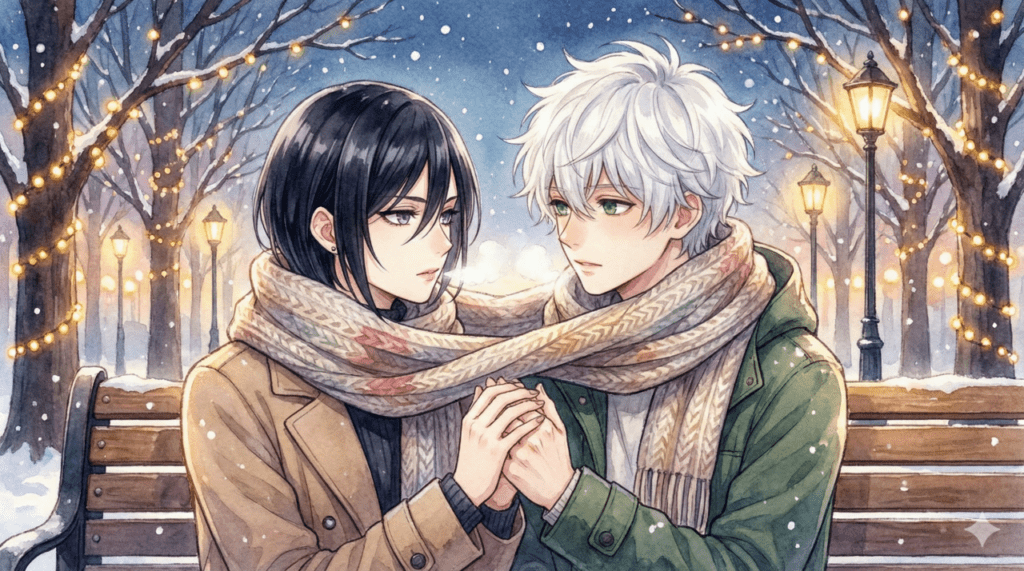 雪降る冬の夜、一つのマフラーを共有し、手を温め合う宵と市村先輩。『うるわしの宵の月』9巻、先輩の孤独を知り、支える覚悟を決めた宵の深い愛を描いたアイキャッチ画像。

画像生成用英語プロンプト
