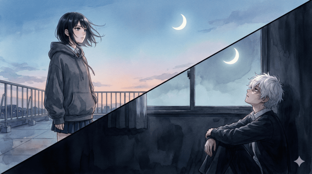 離れ離れになった宵と市村先輩を描いた分割構図。学校の屋上で決意を固める宵と、暗い部屋で苦悩する先輩が、それぞれの場所から同じ月を見上げている。『うるわしの宵の月』10巻、最大の試練と絆を描いたエモーショナルなアイキャッチ画像。