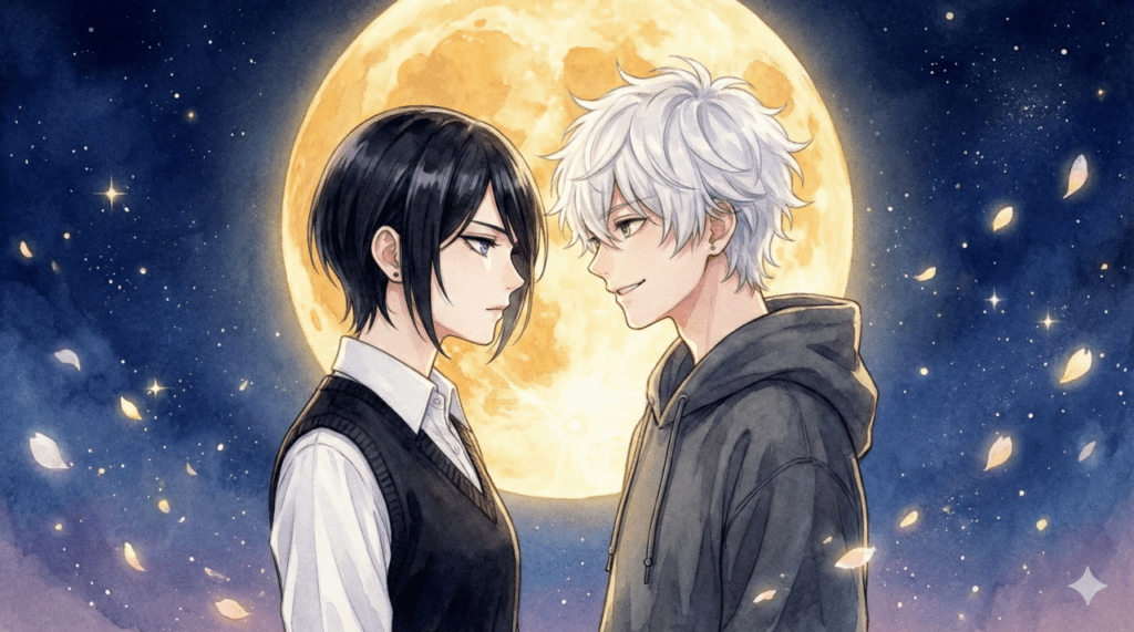 深い夜の闇「宵」と、琥珀色の月明かりが溶け合う中で見つめ合う宵と市村先輩。『うるわしの宵の月』のタイトルと名前に隠された深い対比と親和性を象徴する、幻想的なアイキャッチ画像。