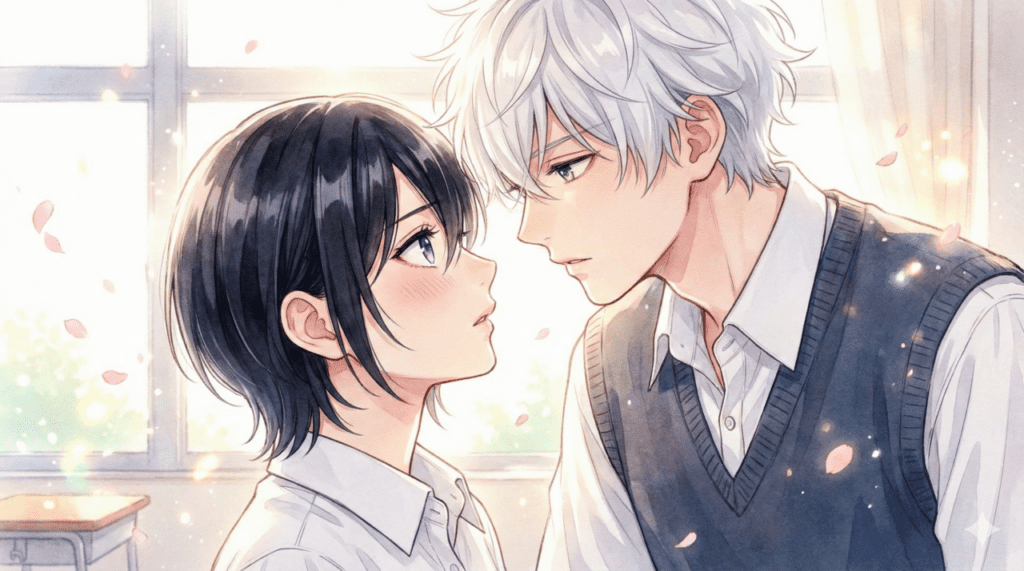 アニメ化の熱狂と「浄化される美しさ」を表現した宵と市村先輩のメインビジュアル風ポートレート。光の粒子が舞う幻想的な空間で見つめ合う二人。『うるわしの宵の月』読者感想・口コミ紹介用アイキャッチ画像。