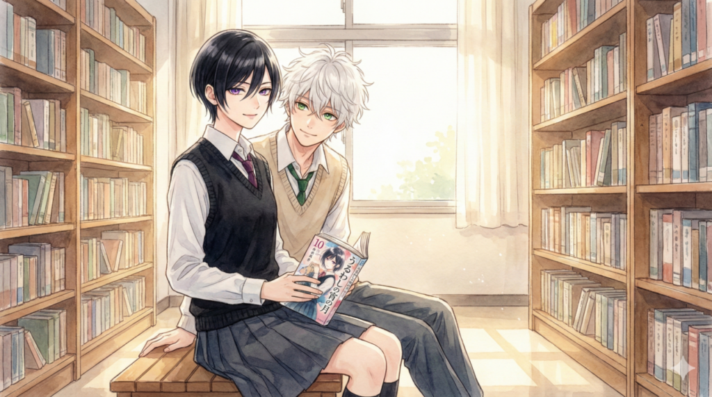 図書室で最新刊を手に取る宵と、それを見守る市村先輩。『うるわしの宵の月』10巻までのあらすじや、アニメの続きを解説するFAQセクション用の、温かみのあるアイキャッチ画像。