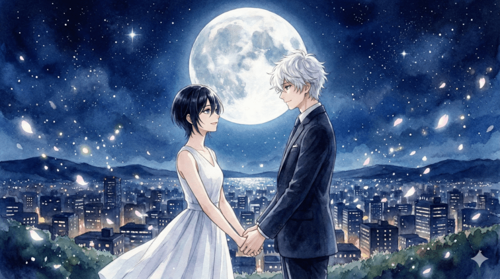 月明かりの下、手を取り合い未来を見つめる宵と市村先輩。『うるわしの宵の月』全10巻の軌跡を総括する、美しく希望に満ちた完結記念風アイキャッチ画像。