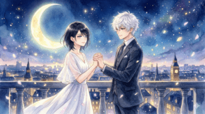 漫画『うるわしの宵の月』のブログ記事の締めくくりとなる、宵と市村先輩のイラスト。ドレスとスーツに身を包んだ二人が、巨大な三日月の下、ヨーロッパ風の夜景を見下ろすバルコニーで手を繋ぎ、微笑み合っている。永遠の絆とハッピーエンドを象徴する、美しく幻想的な水彩画風のアイキャッチ画像。